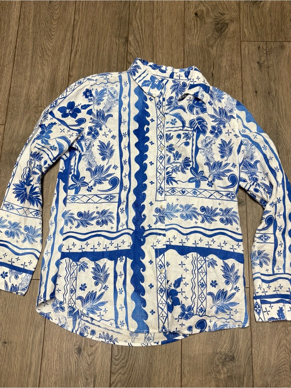 Linen floral white & blue button up shirt